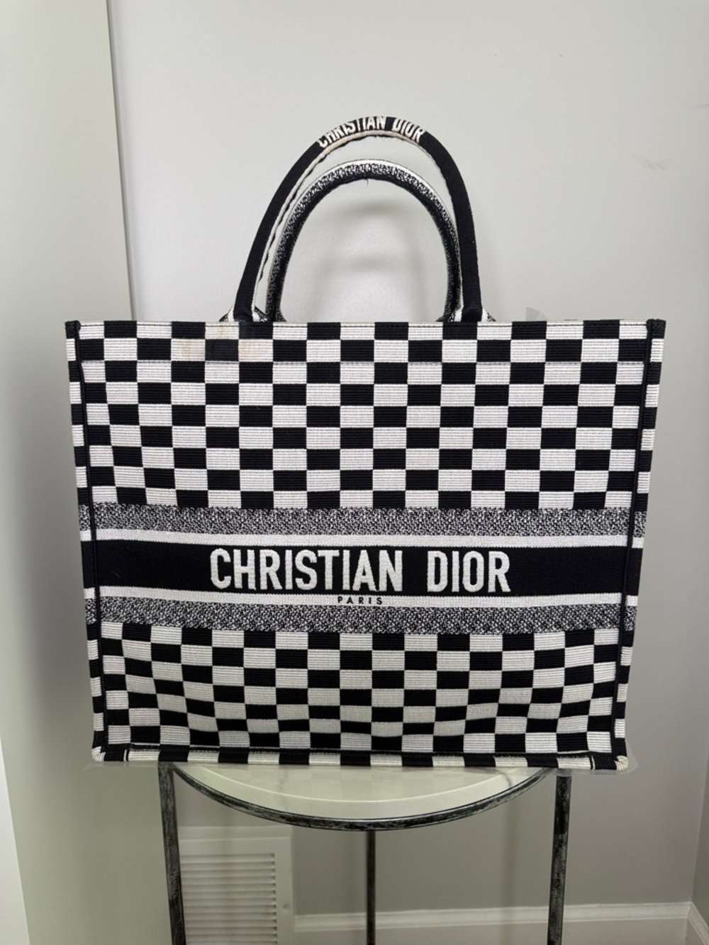 Dior Black and White Checkered Tote Bag